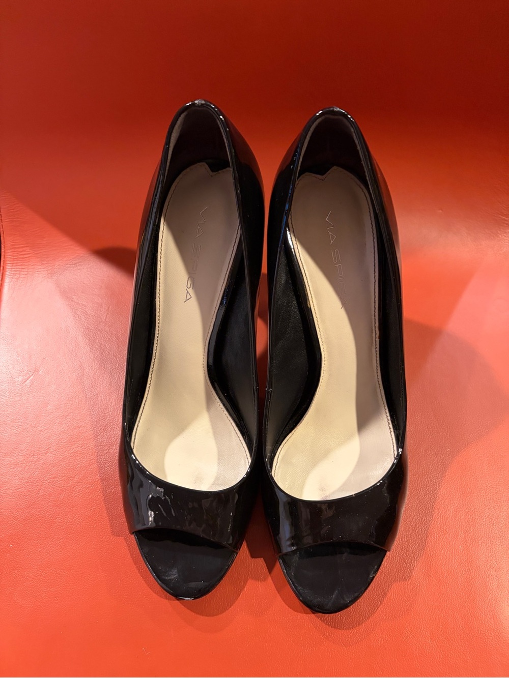 Via Spiga Black Patent Peep Toe Heels